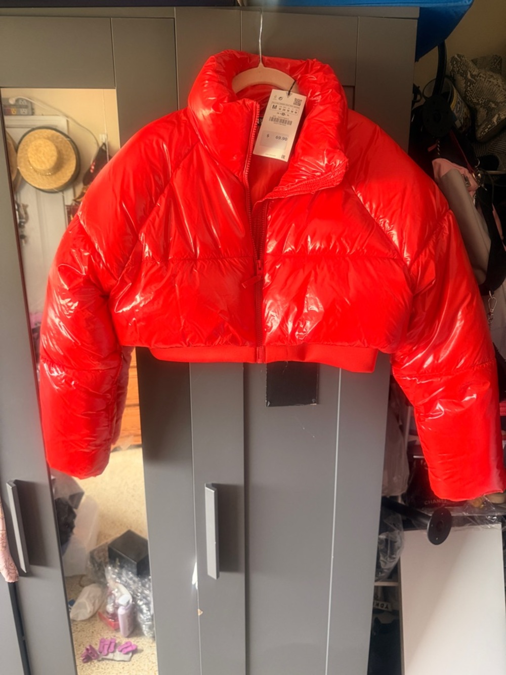 Shiny Cropped Red Puffer Jacket